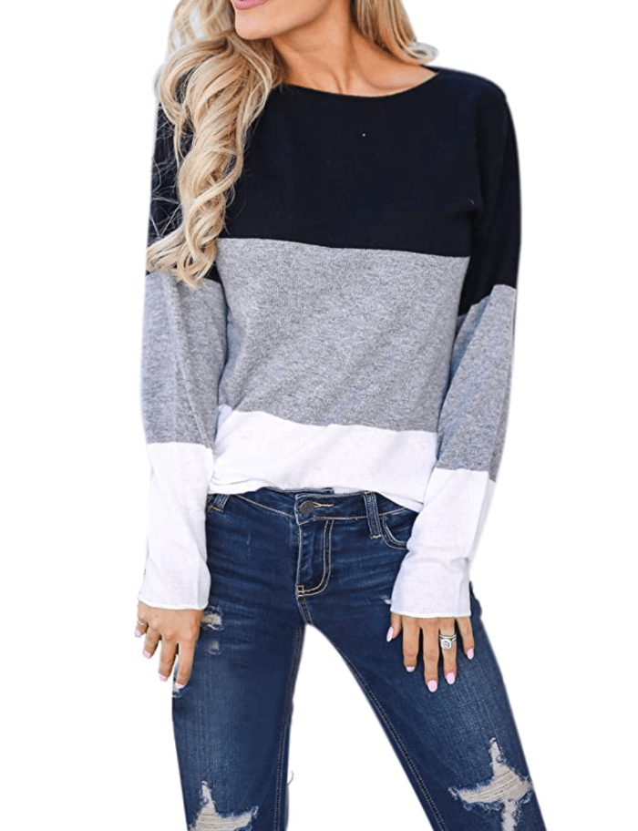 Blooming Jelly Women's Long Sleeve Round Neck Color Block Stripe Top