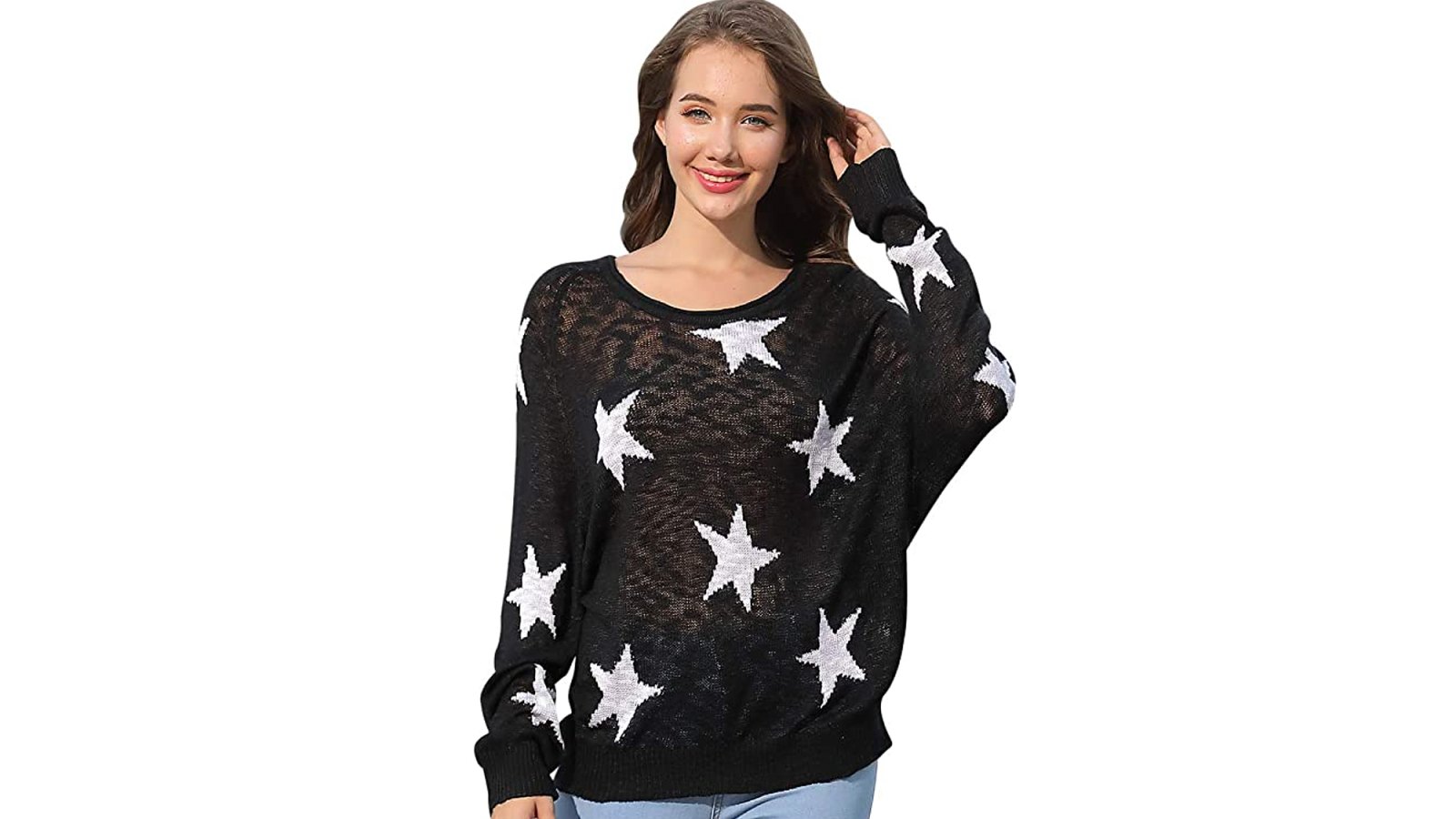 COCOLEGGINGS Women's Boat V Neck Long Sleeve Star Pullover Sweater