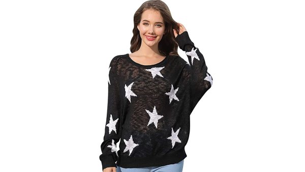 COCOLEGGINGS Women's Boat V Neck Long Sleeve Star Pullover Sweater