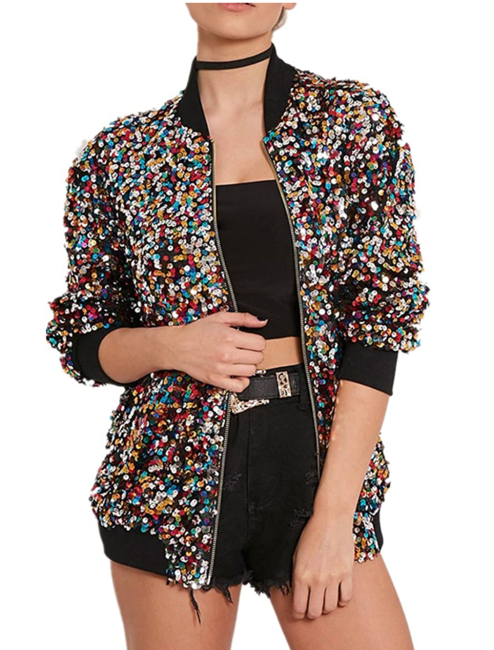 Cresay Women's Sequin Fitted Long Sleeve Zipper Blazer Bomber Jacket