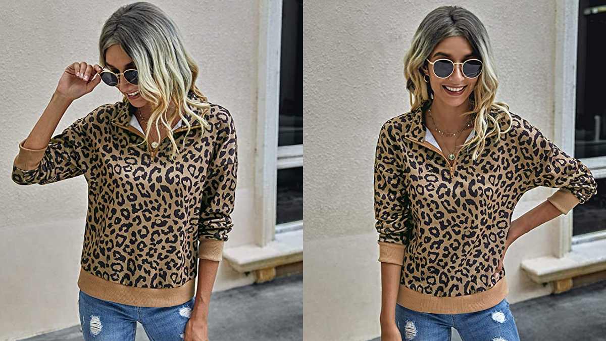 ECOWISH Women's Leopard Lightweight Zipper Sweatshirt Pullover