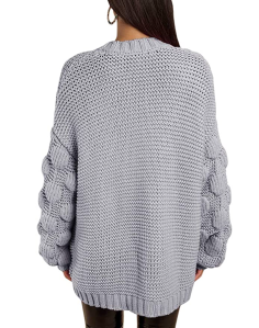 Ferbia Women Oversized Chunky Long Pom Pom Open Front Knit Sweater