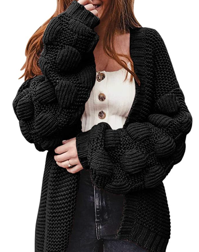 Ferbia Women Oversized Chunky Long Pom Pom Open Front Knit Sweater