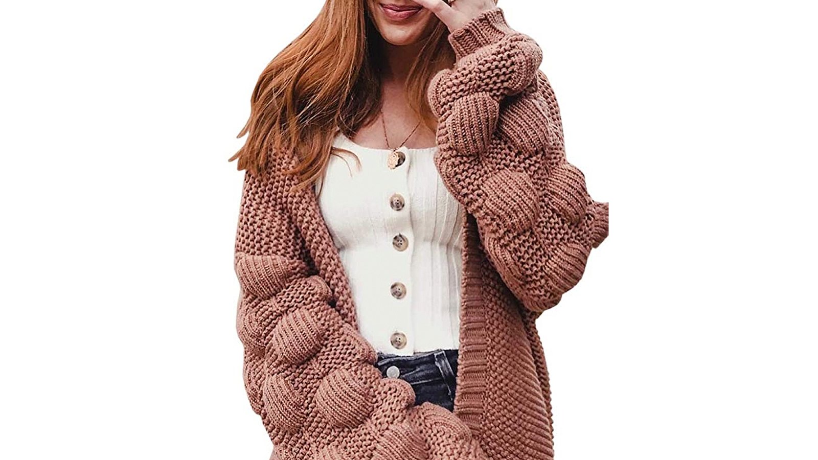 Ferbia Women Oversized Chunky Long Pom Pom Open Front Knit Sweater