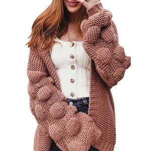 Ferbia Women Oversized Chunky Long Pom Pom Open Front Knit Sweater