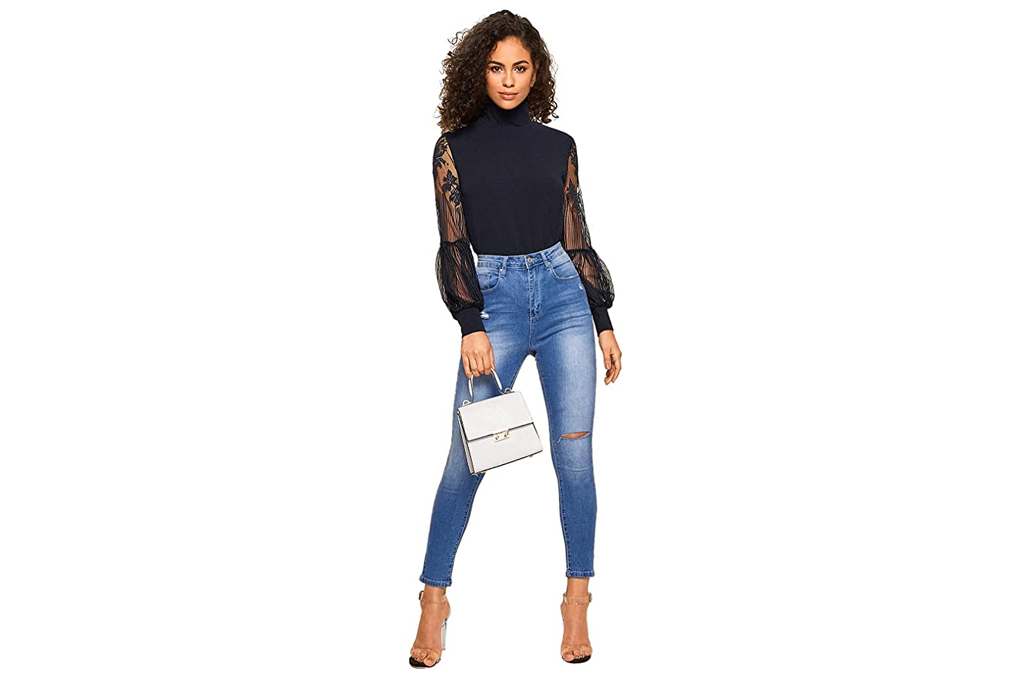 Floerns Women's High Neck Lace Lantern Long Sleeve Top