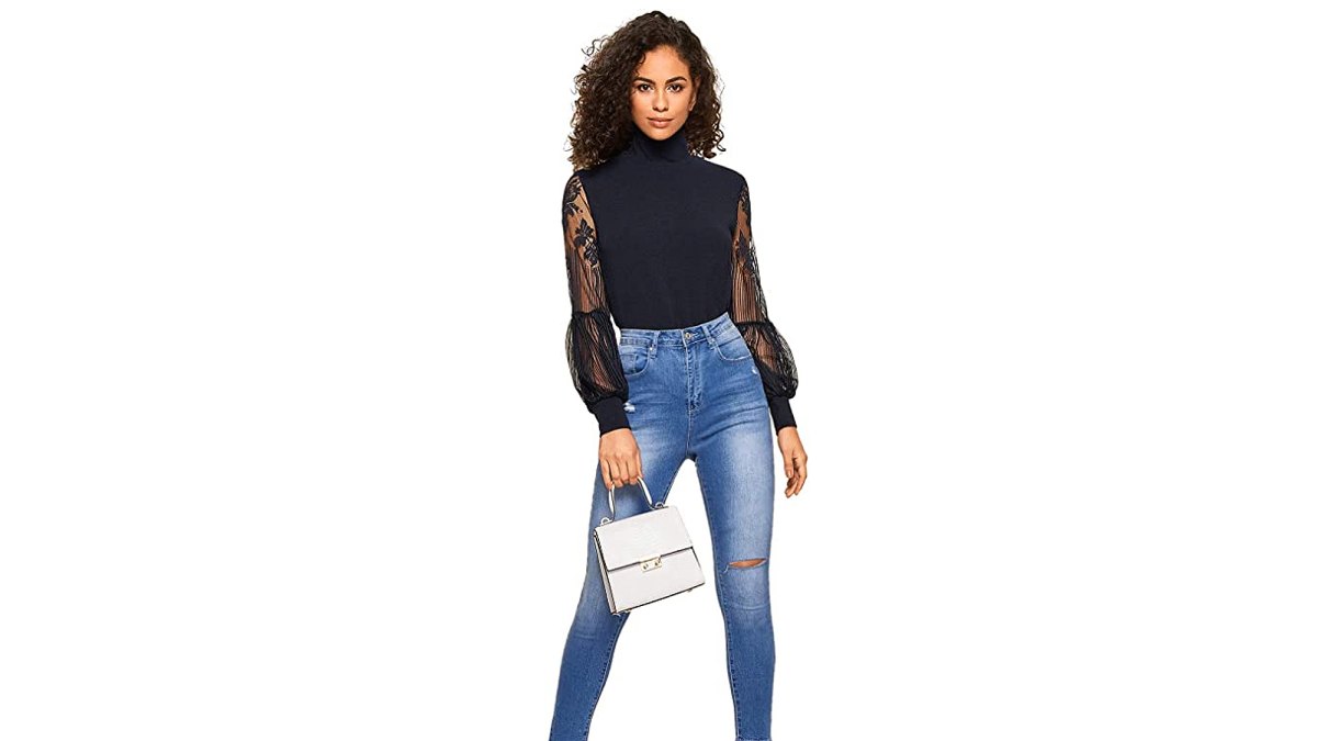 Floerns Women's High Neck Lace Lantern Long Sleeve Top