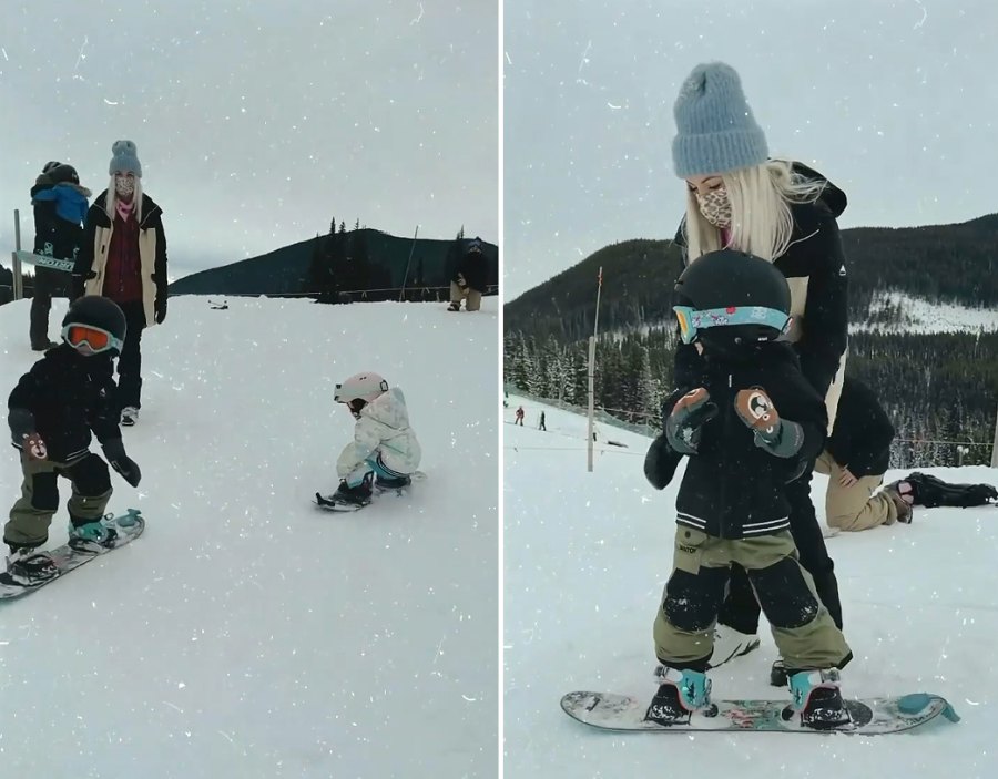 Jillian Harris kids snowboarding