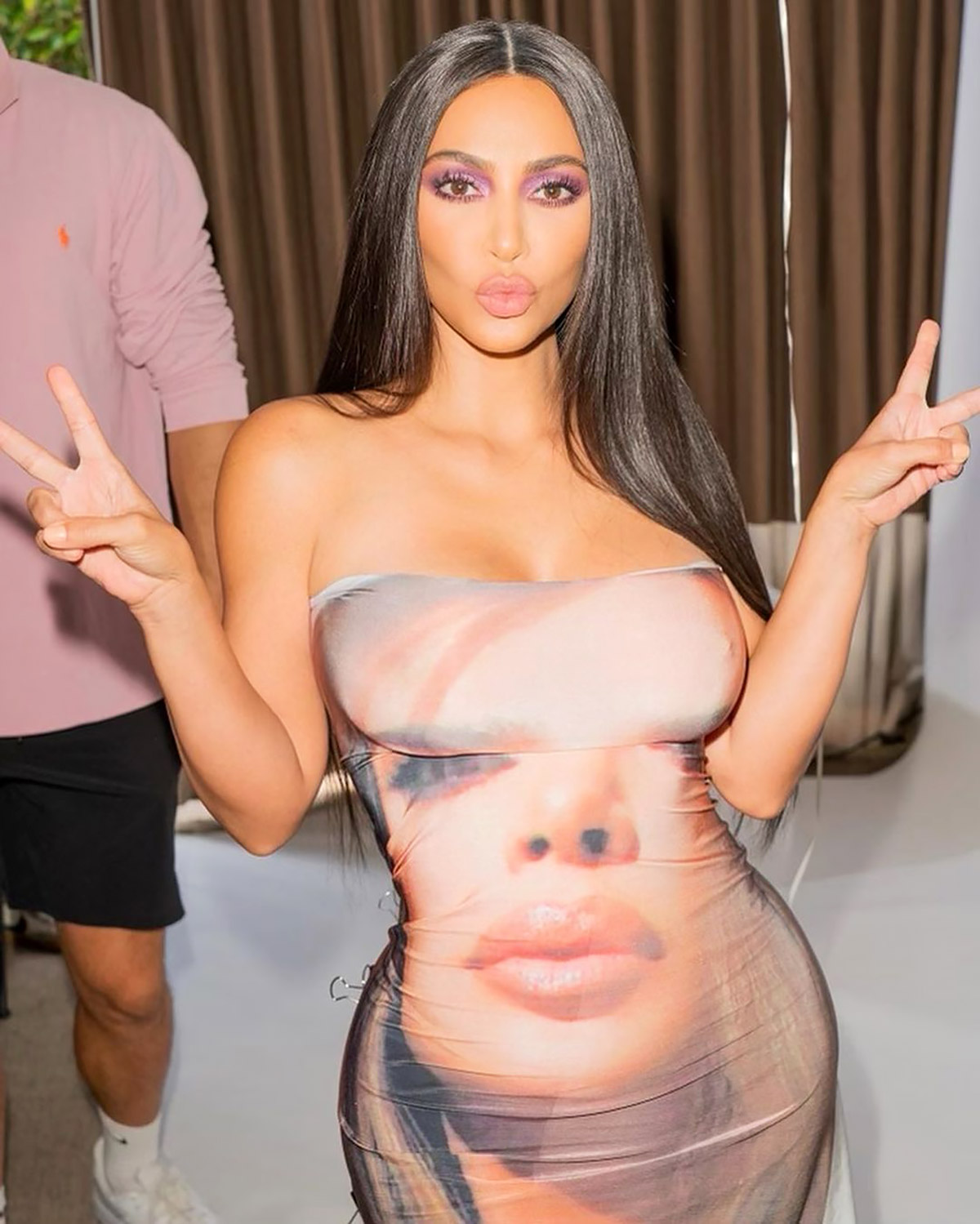 Kim Kardashian Wears a Dress With Her Face on It for KKW Beauty Shoot