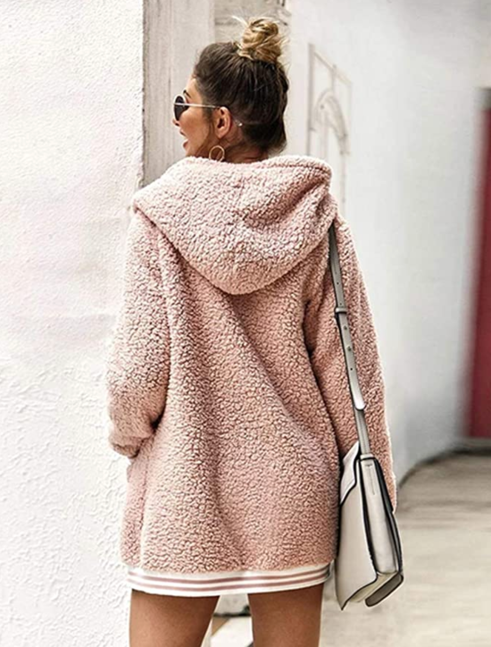 LOMON Oversized Fuzzy Fleece Long Sleeve Open Front Hooded Jacket