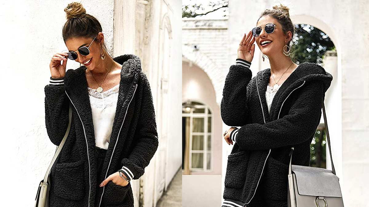LOMON Oversized Fuzzy Fleece Long Sleeve Open Front Hooded Jacket