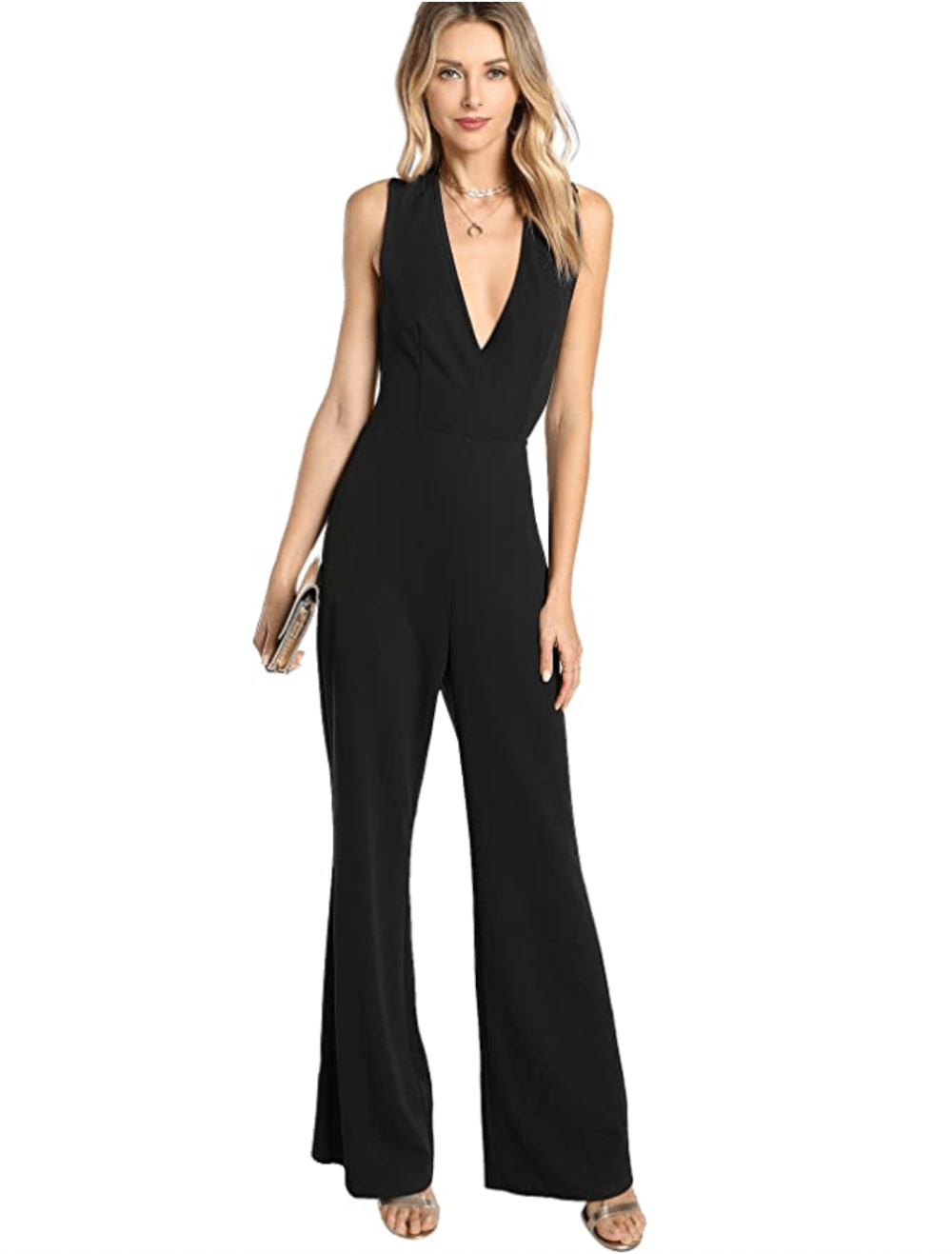 MakeMeChic Women's Sexy Deep V Neck Sleeveless Wide Leg Loose Jumpsuit