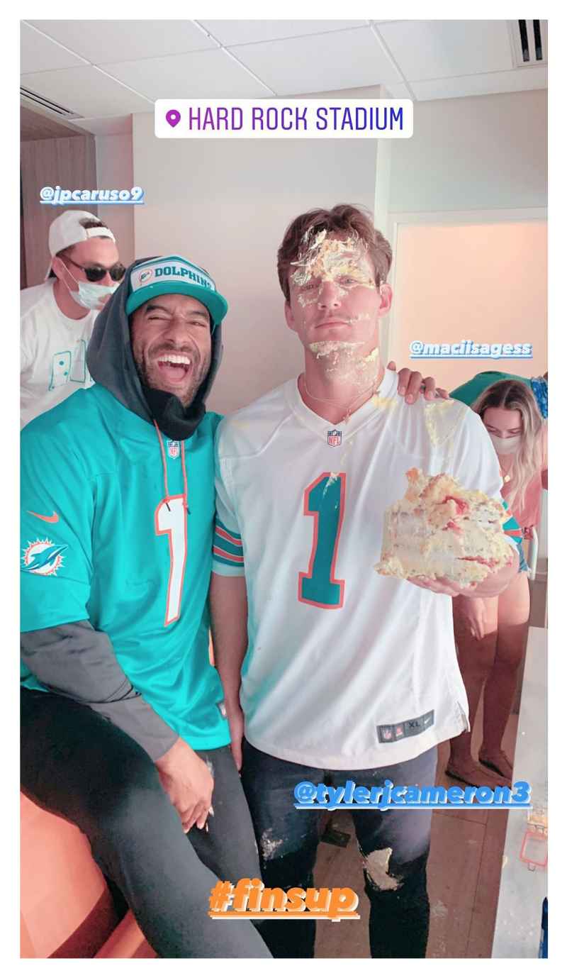 Matt James Smashes a Cake in Tyler Cameron Face After They Reunite at Dolphins Game