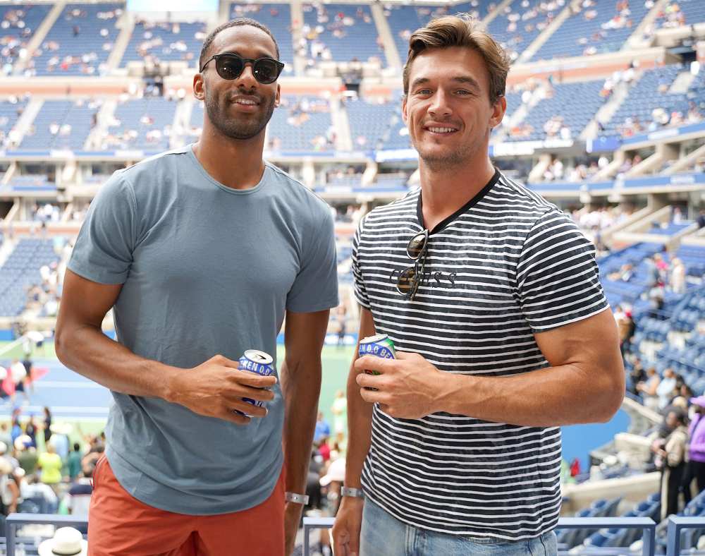 Matt James and Tyler Cameron Dish on Dating While Working Out With Venus Williams Stripe Shirt, Beer, Sunglasses Tennis