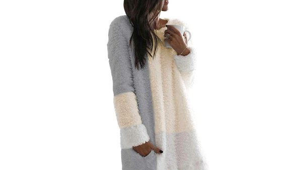 Nirovien Women's Long Sherpa Color Block Fuzzy Fleece Tunic Sweatshirt Dress