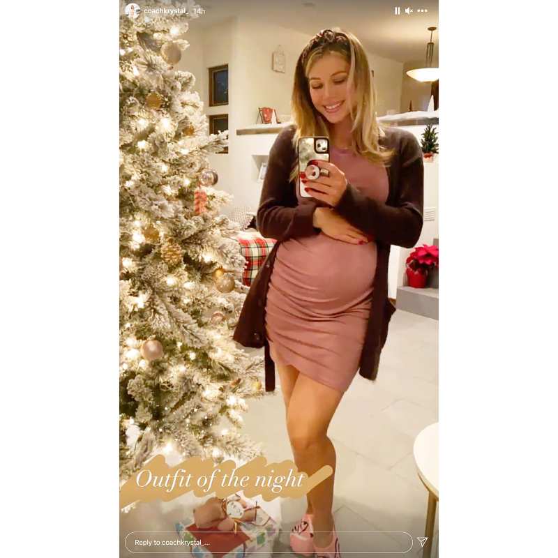 Pregnant Krystal Nielson Baby Bump in Pink Dress in Front of Christmas Tree