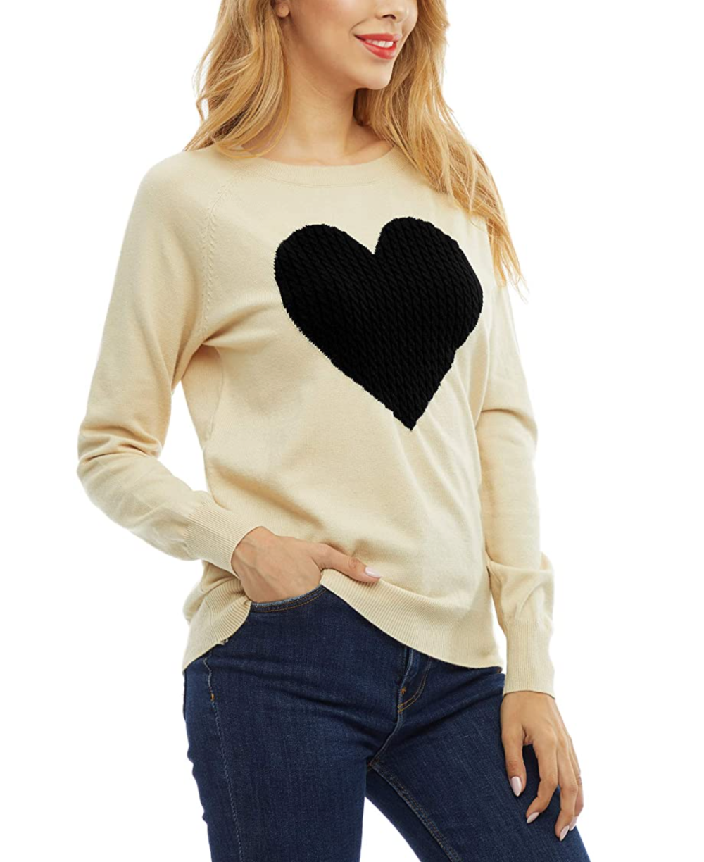 SATINIOR Womens Love Heart Graphic Casual Crew Neck Long Sleeve Knitted Patchwork Pullover Sweater