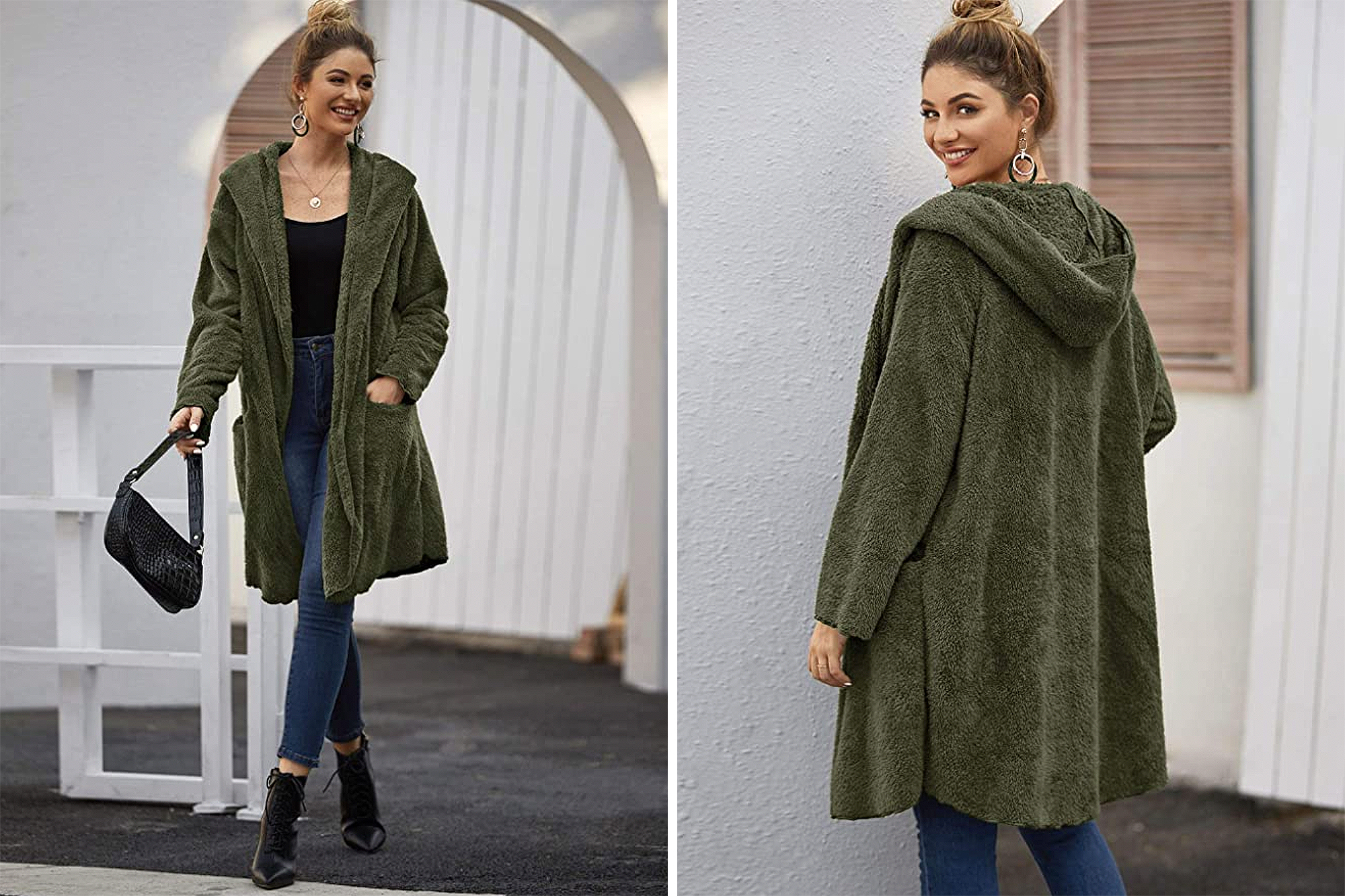 Romanstii Ladies Jacket Womens Fleece Faux Fur Coats Casual Outerwear Tops Open Front Cardigan Jacket Sweater with Pockets
