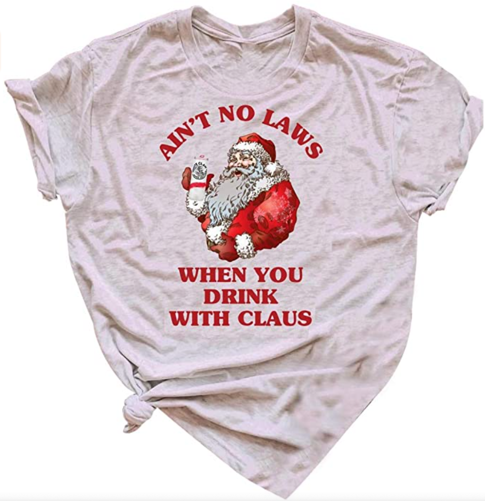 TAKEYAL Women's Ain't No Laws When You Drink with Claus Funny Christmas T-Shirt