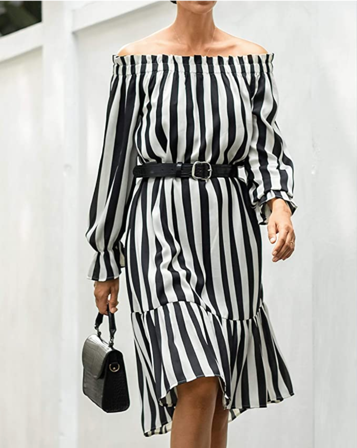 The Drop Women's Black/White Stripe Off-Shoulder Long-Sleeve Ruffle-Hem Midi Dress
