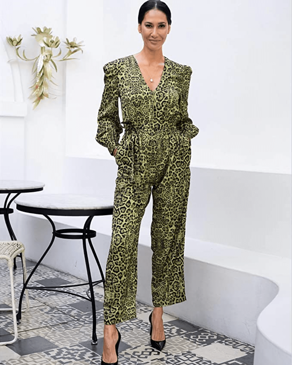 The Drop Women's Green Animal Print V-neck Jumpsuit