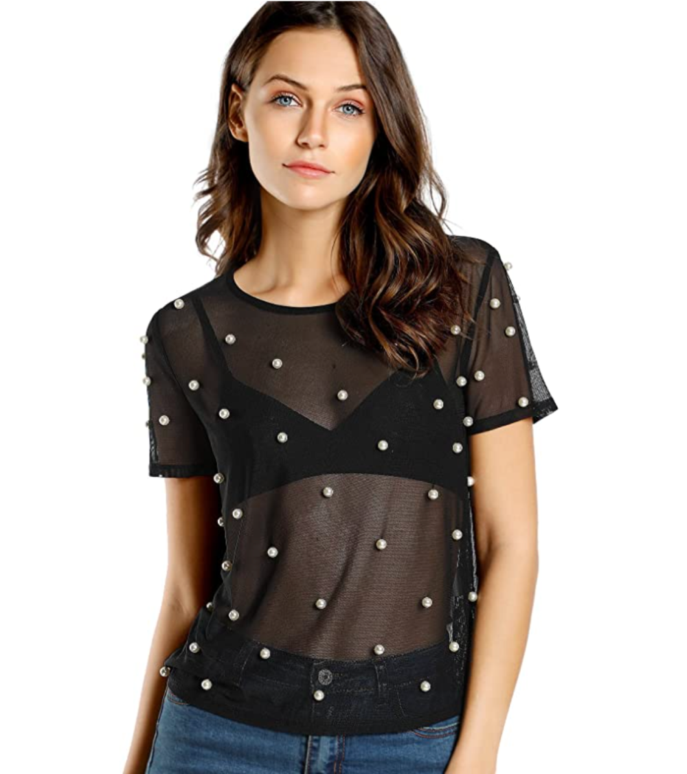 WDIRARA Women's Glitter Sheer See Through Short Sleeve Mesh Top