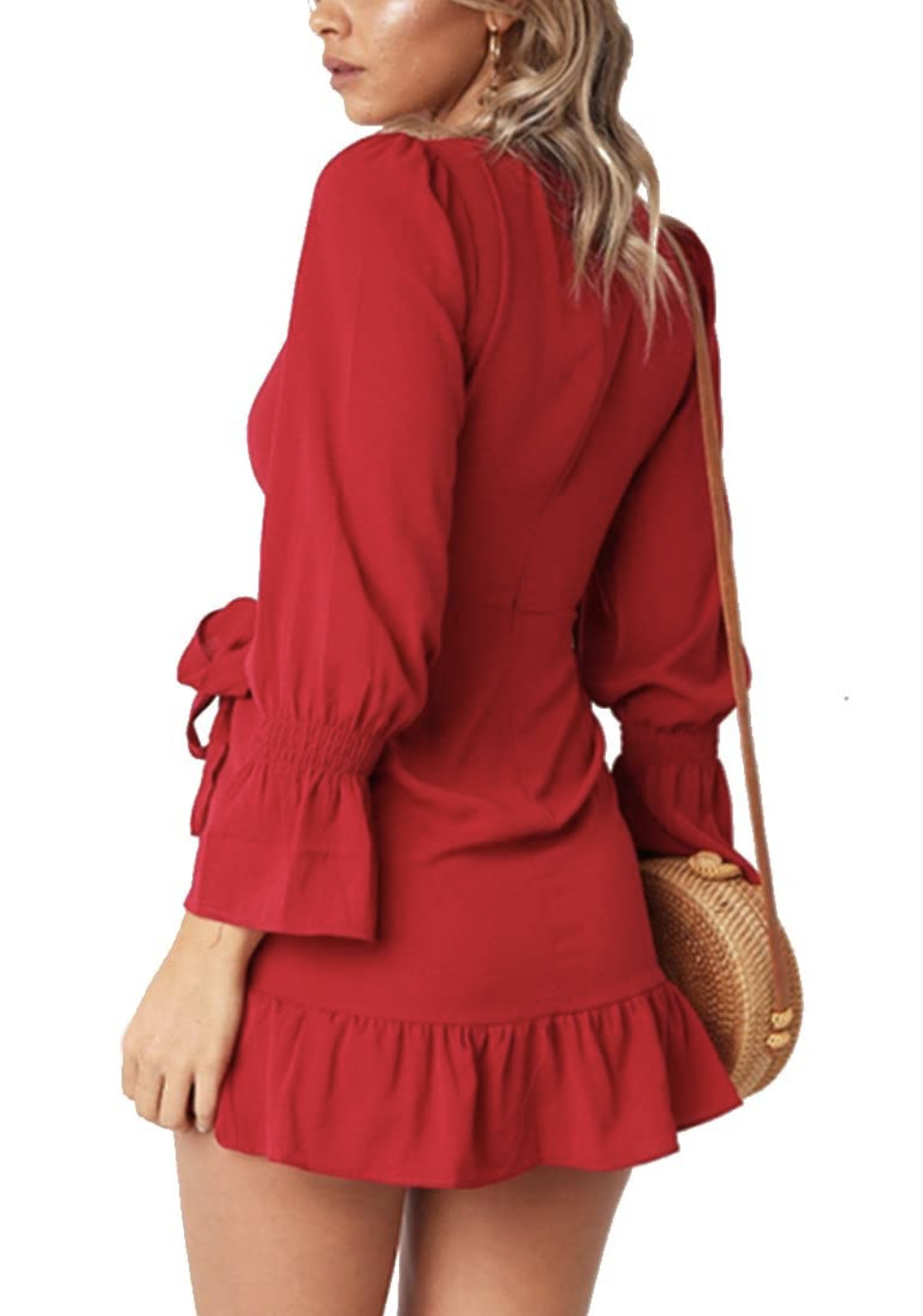 WEEPINLEE Women's Long Sleeve Round Neck Ruffle Wrap Dress