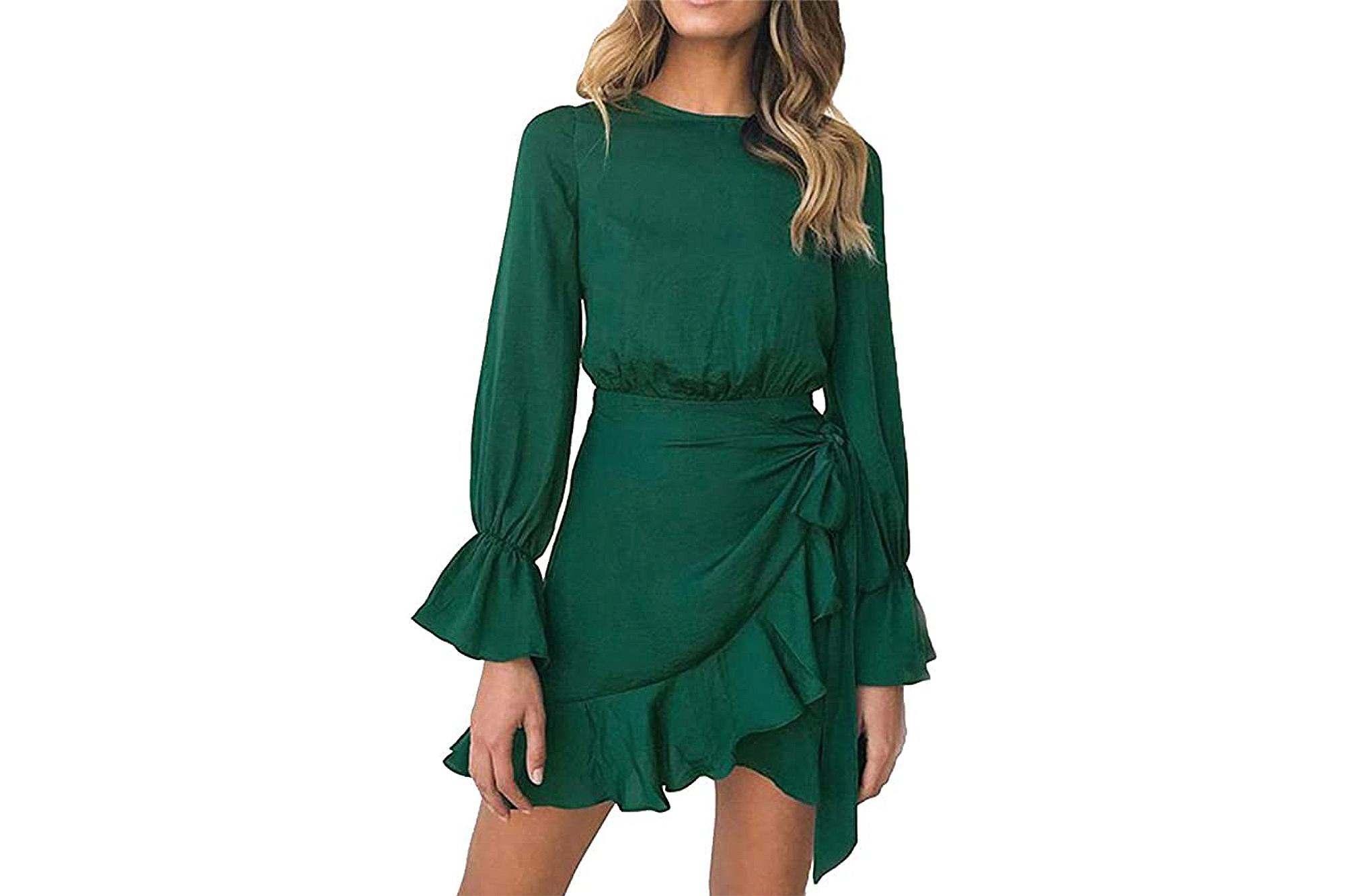 WEEPINLEE Women's Long Sleeve Round Neck Ruffle Wrap Dress