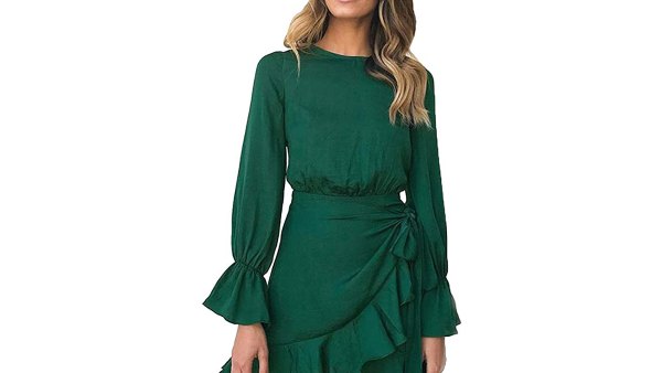 WEEPINLEE Women's Long Sleeve Round Neck Ruffle Wrap Dress