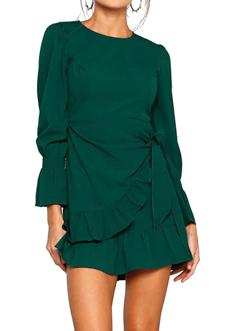 WEEPINLEE Women's Long Sleeve Round Neck Ruffle Wrap Dress