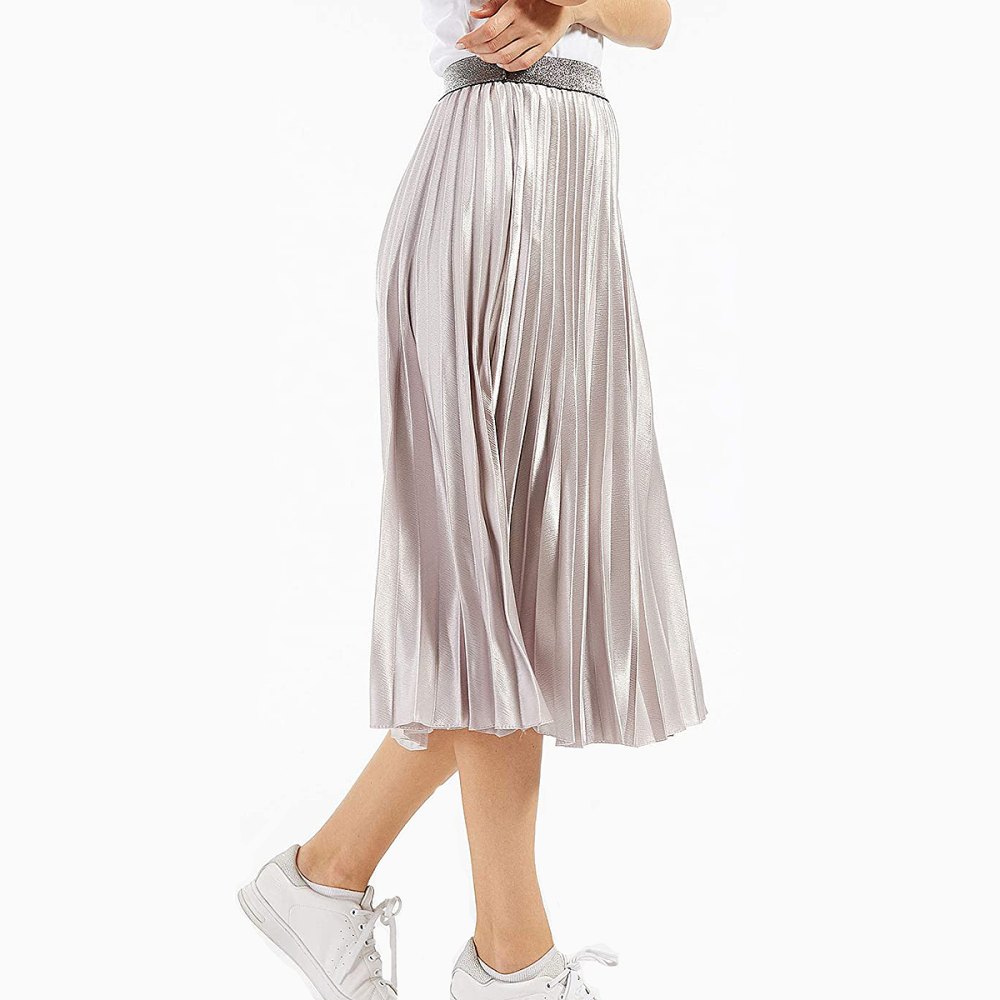 CHARTOU Accordion Pleated Metallic Long Party Skirt