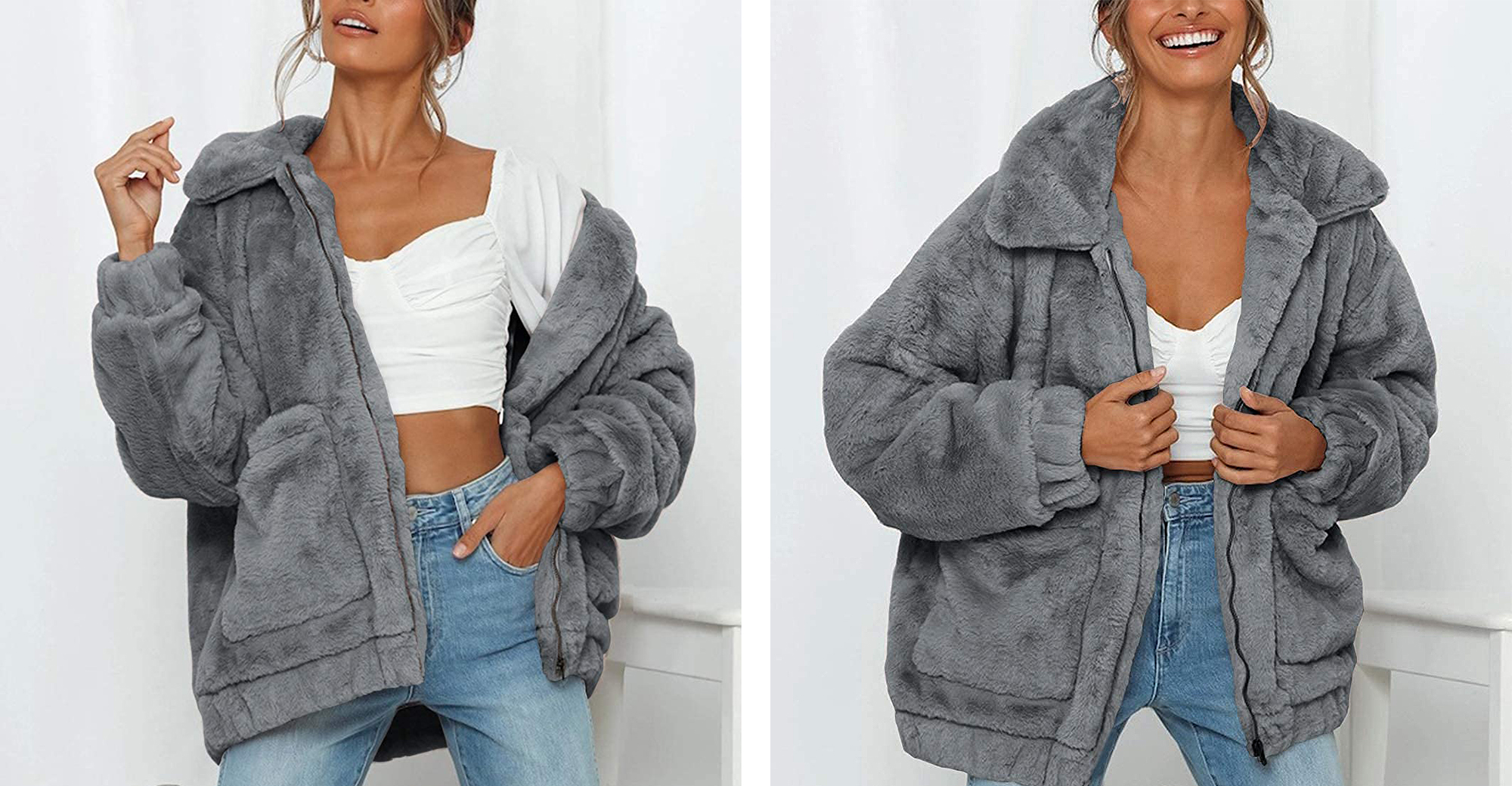 MEROKEETY Womens Long Sleeve Faux Fur Lapel Coat Zip Up Sherpa Pockets Jackets Outwear 
