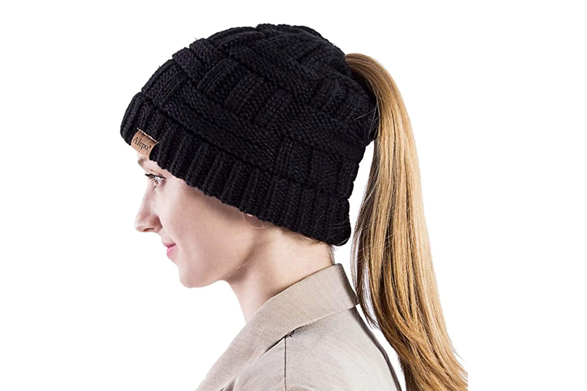 Winter Warm Trendy Knit Ski Skull Cap Alepo Womens High Messy Bun Beanie Hat with Ponytail Hole 