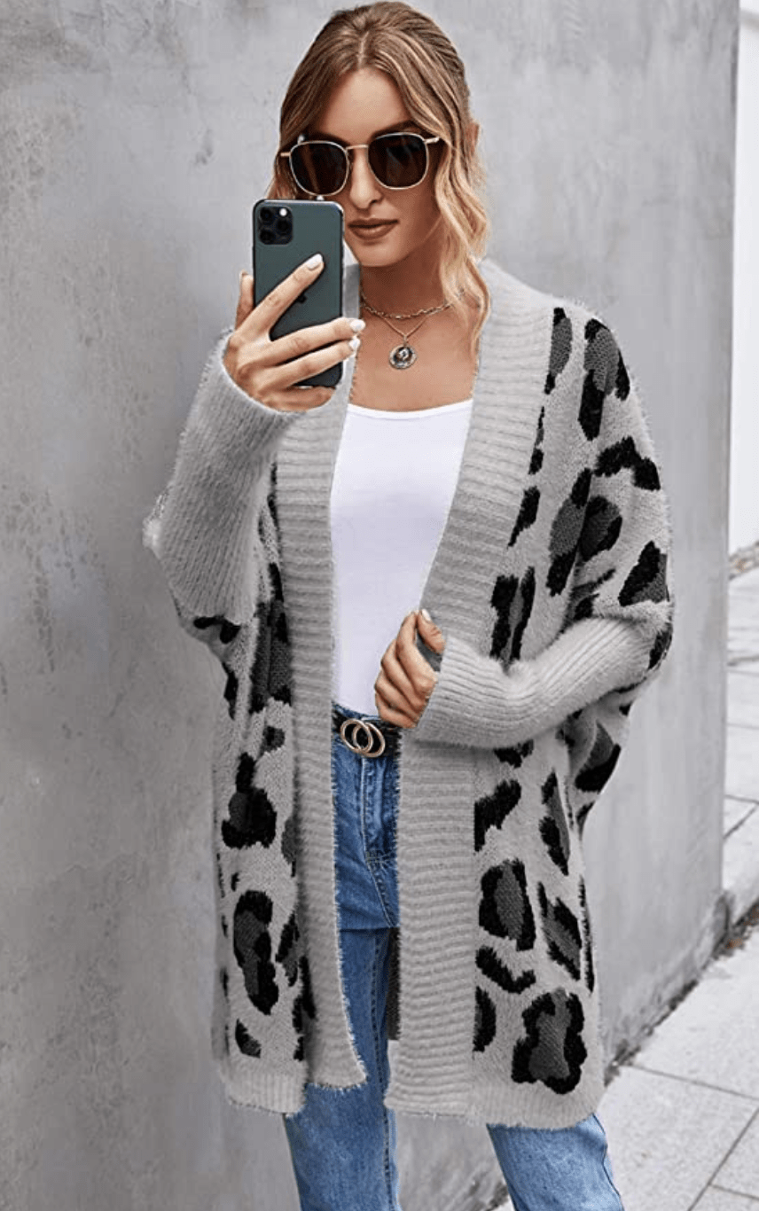 Angashion Women's Long Sleeve Leopard Print Open Front Cardigan Sweater