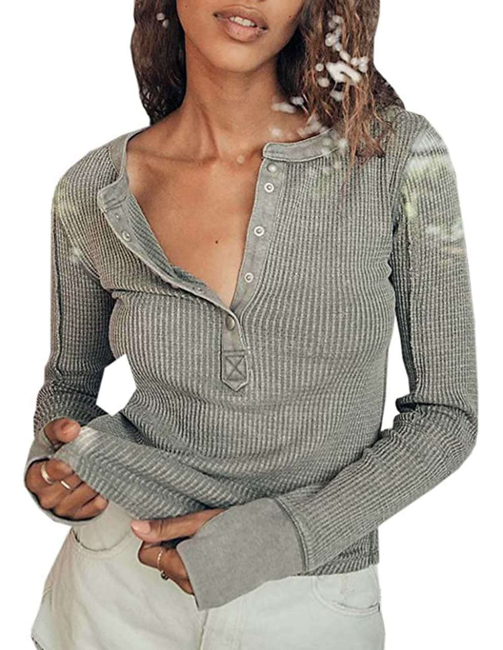 Dellytop Women's Long Sleeve Button Down Henley Warm Waffle Knit Top