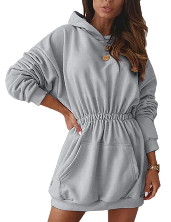 Fessceruna Women's Hoodie Dress Batwing Long Sleeve Empire Waist Ruched Pullover Sweatshirt