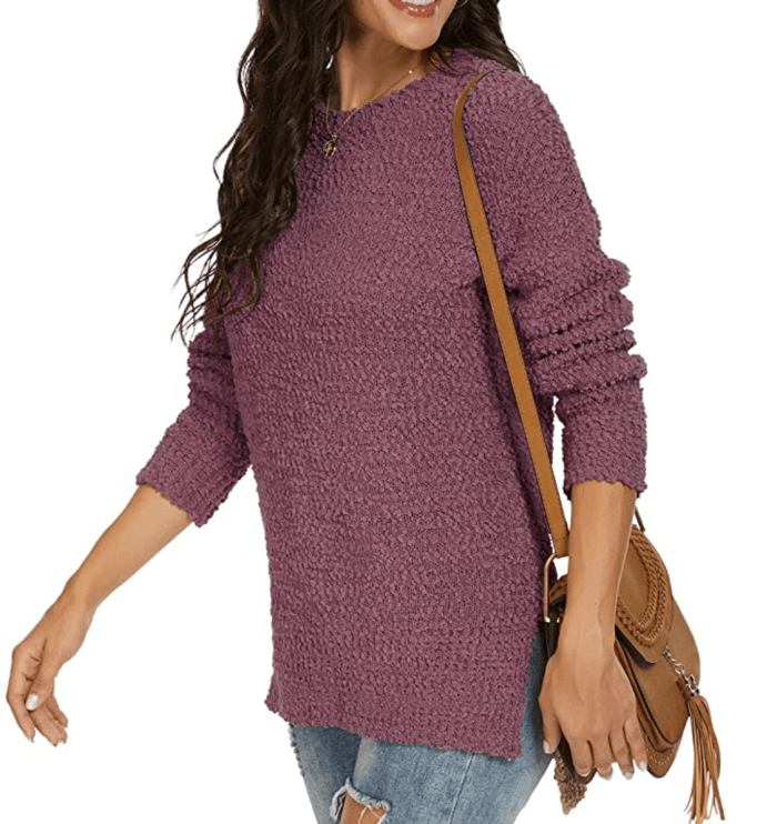 GRECERELLE Women's Fuzzy Knitted Crew-Neck Long Sleeve Side Split Loose Casual Sweater