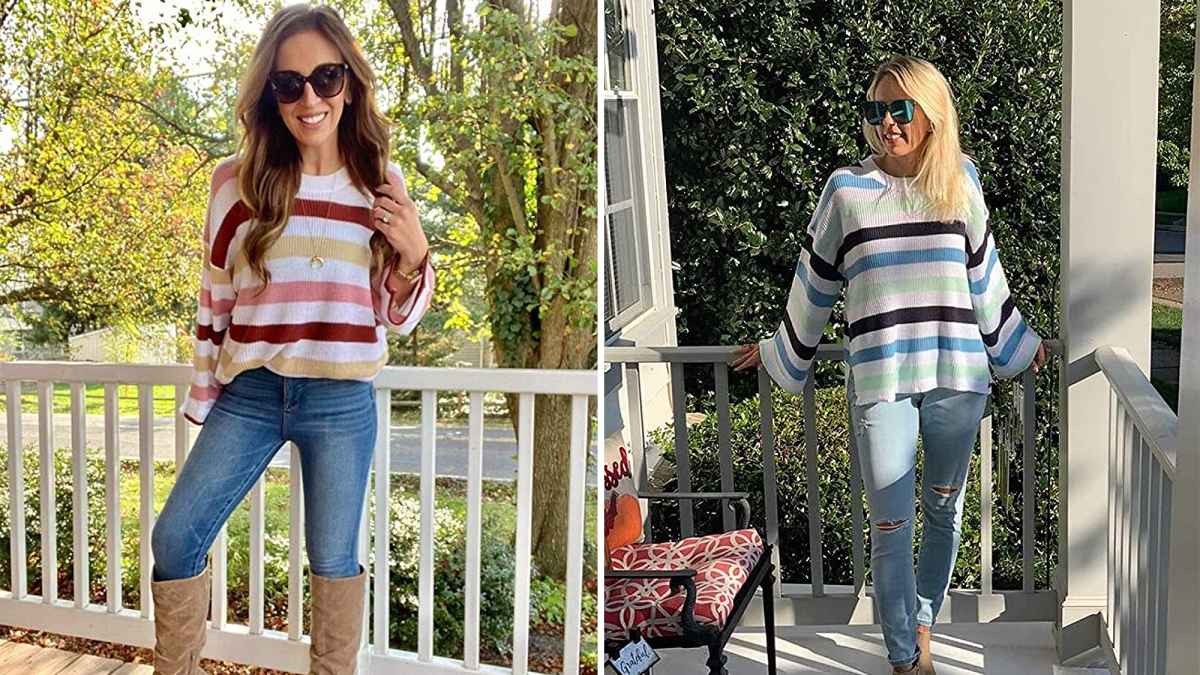 Hibluco Women's Round Neck Bell Long Sleeve Color Block Knit Sweater