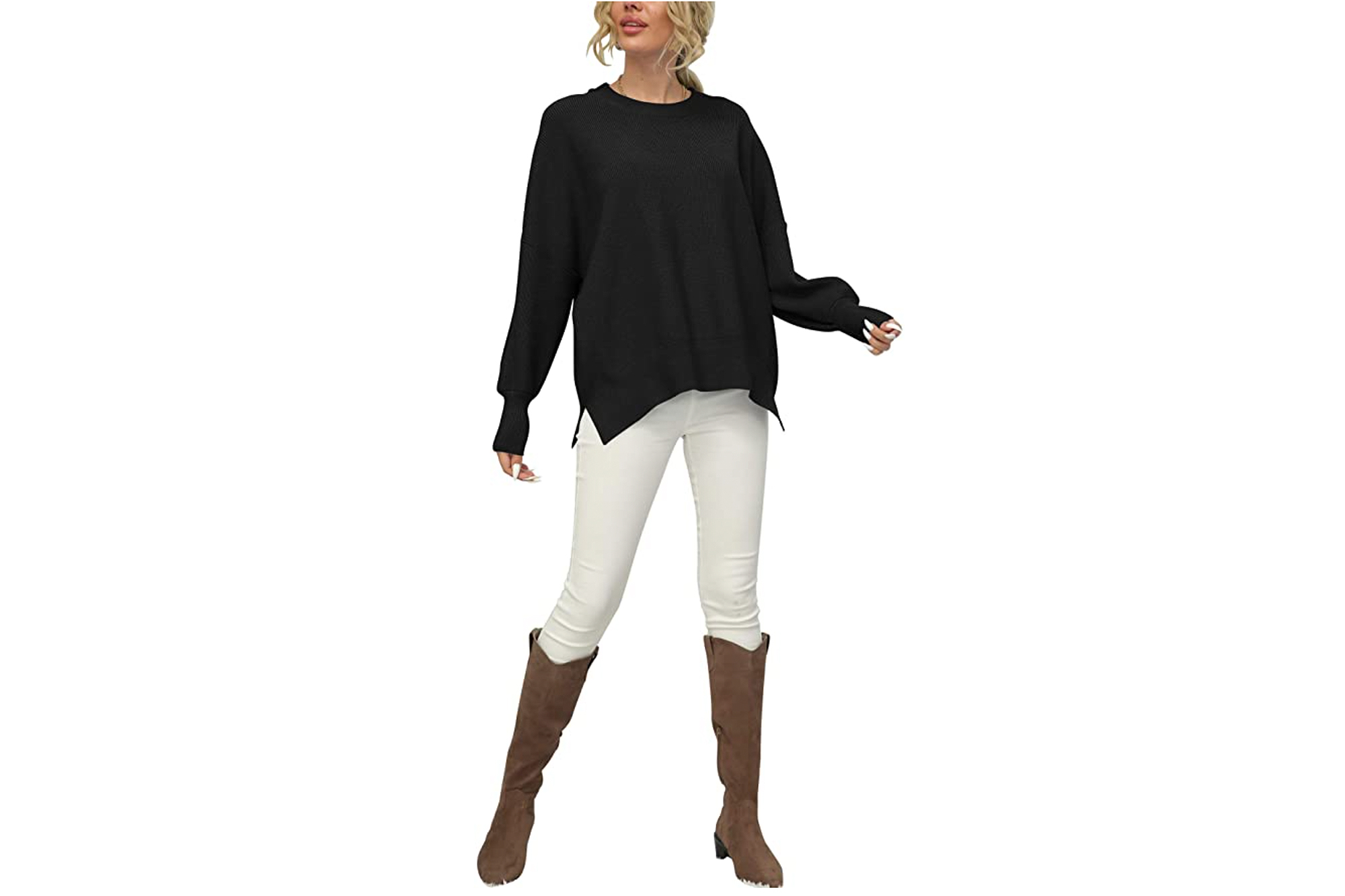 LOGENE Women's Oversized Batwing Long Sleeve Crewneck Side Slit Ribbed Knit Pullover Sweater
