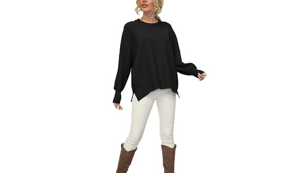 LOGENE Women's Oversized Batwing Long Sleeve Crewneck Side Slit Ribbed Knit Pullover Sweater