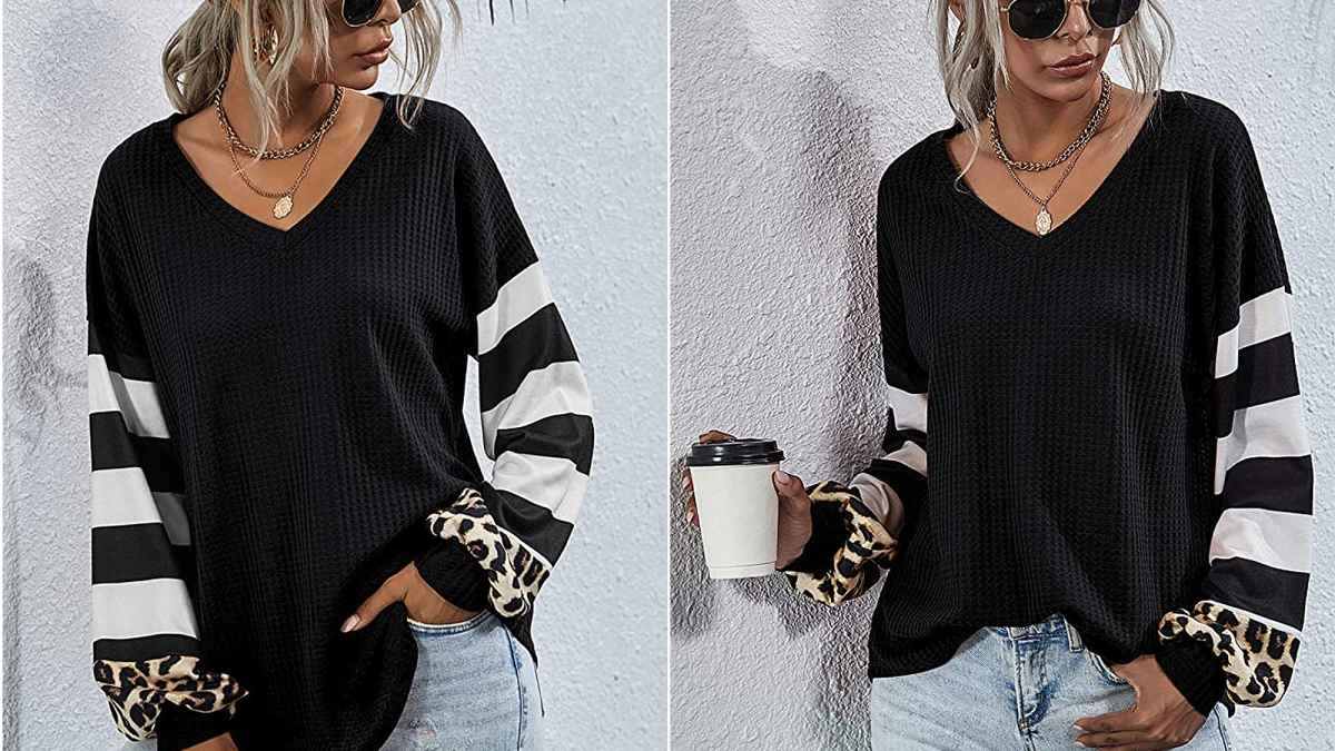 LilyCoco Women's V Neck Leopard Print Shirt Striped Lantern Sleeve Waffle Knit Pullover Top