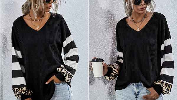 LilyCoco Women's V Neck Leopard Print Shirt Striped Lantern Sleeve Waffle Knit Pullover Top