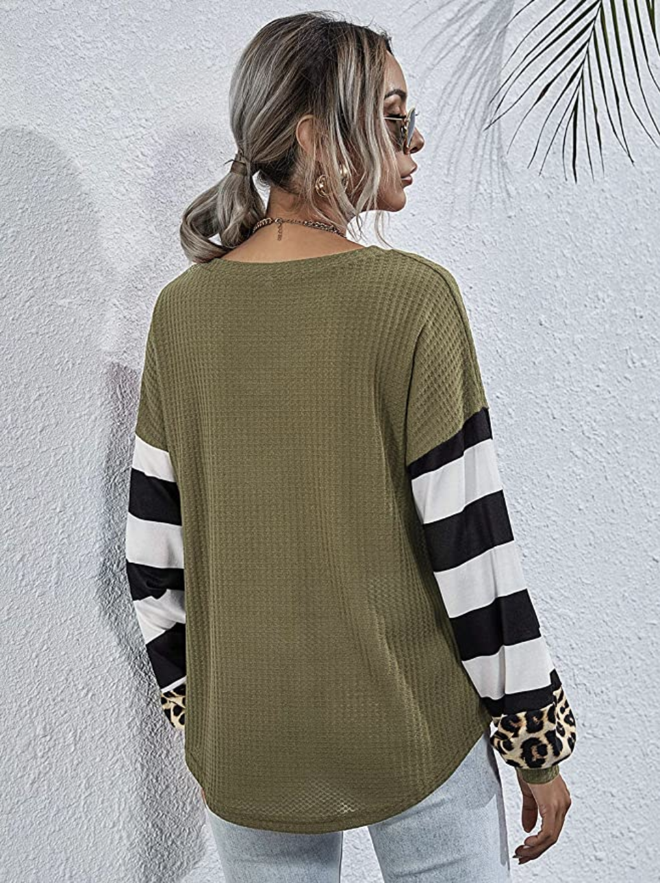 LilyCoco Women's V Neck Leopard Print Shirt Striped Lantern Sleeve Waffle Knit Pullover Top