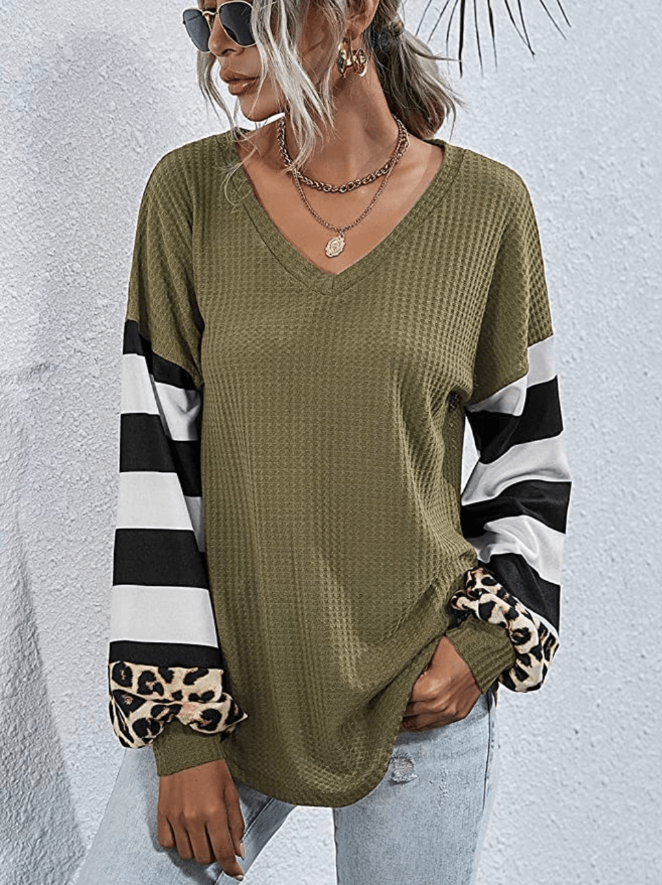 LilyCoco Women's V Neck Leopard Print Shirt Striped Lantern Sleeve Waffle Knit Pullover Top