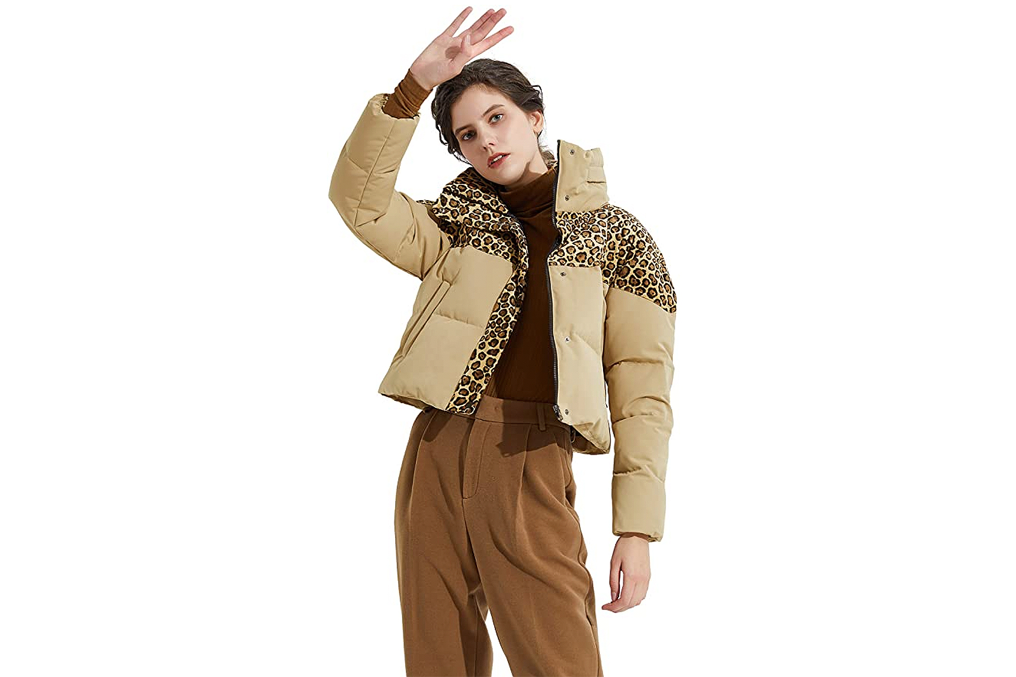 Orolay Women's Leopard Print Down Jacket Winter Coat Cropped Puffer Jacket