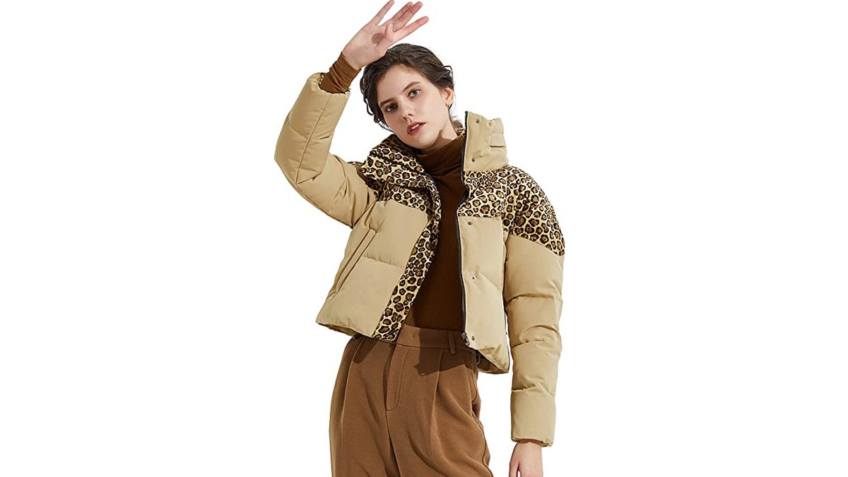 Orolay Women's Leopard Print Down Jacket Winter Coat Cropped Puffer Jacket