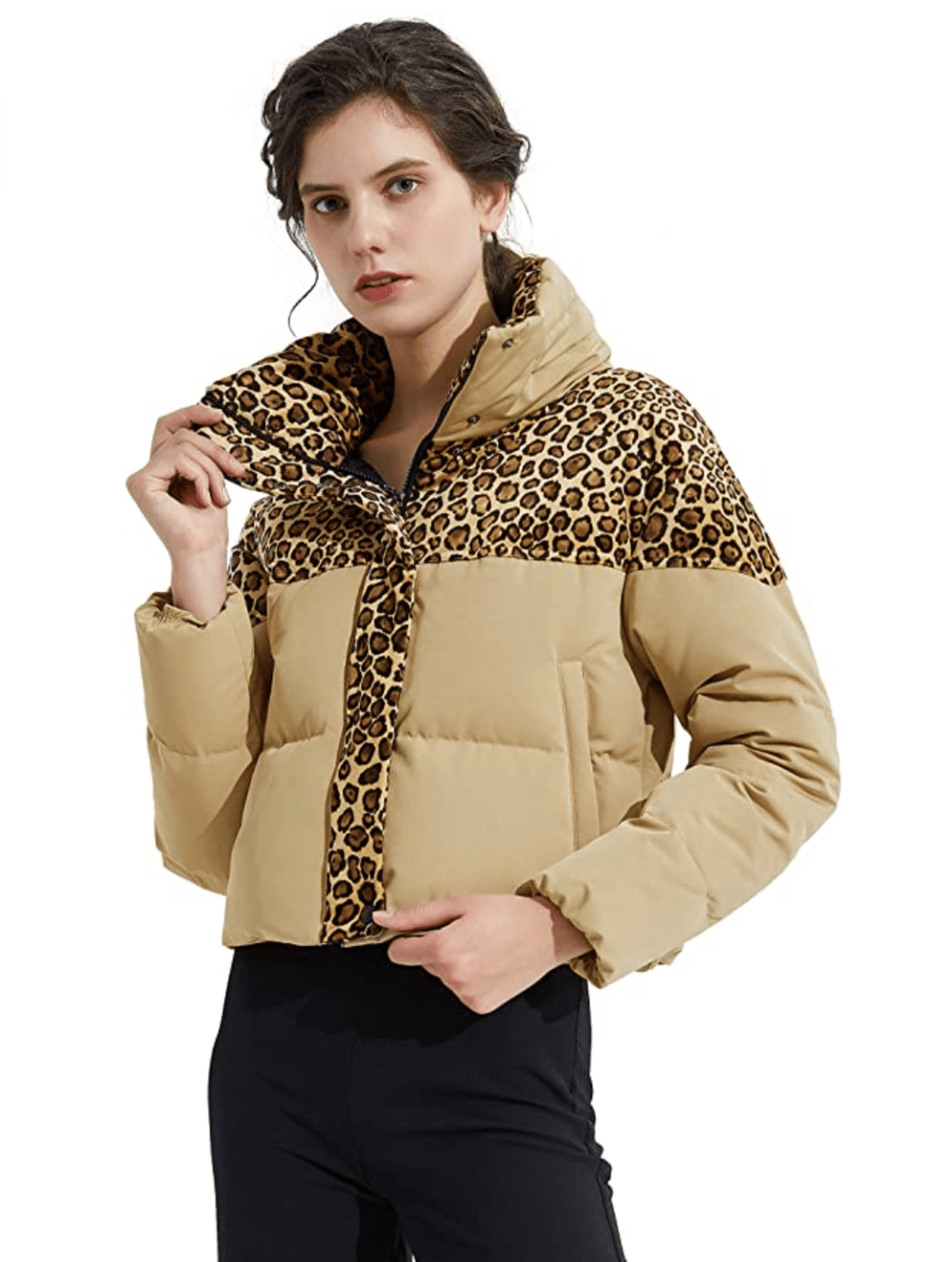 Orolay Women's Leopard Print Down Jacket Winter Coat Cropped Puffer Jacket