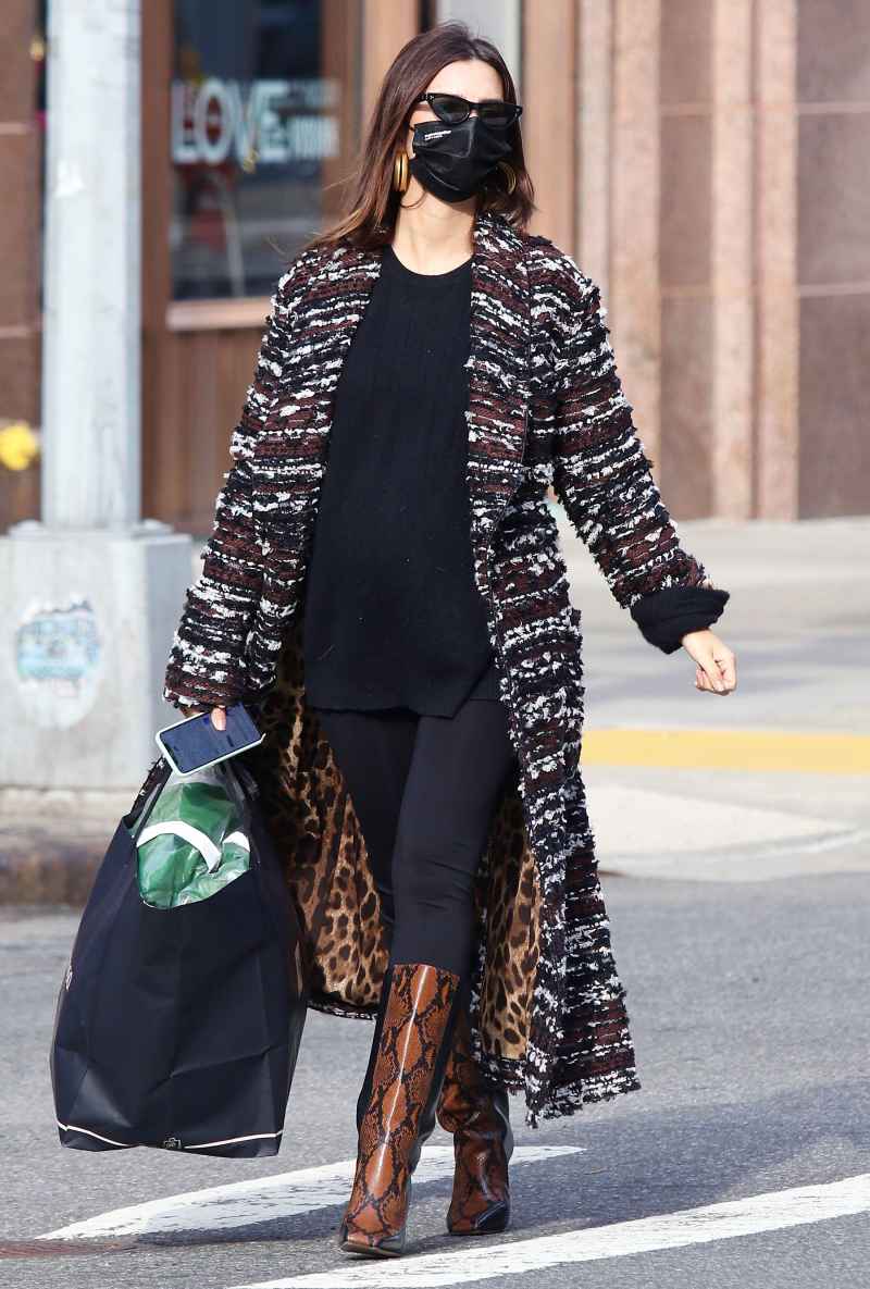 EmRata Shows Off Her Baby Bump in $4,000 Tweed Coat and Designer Boots