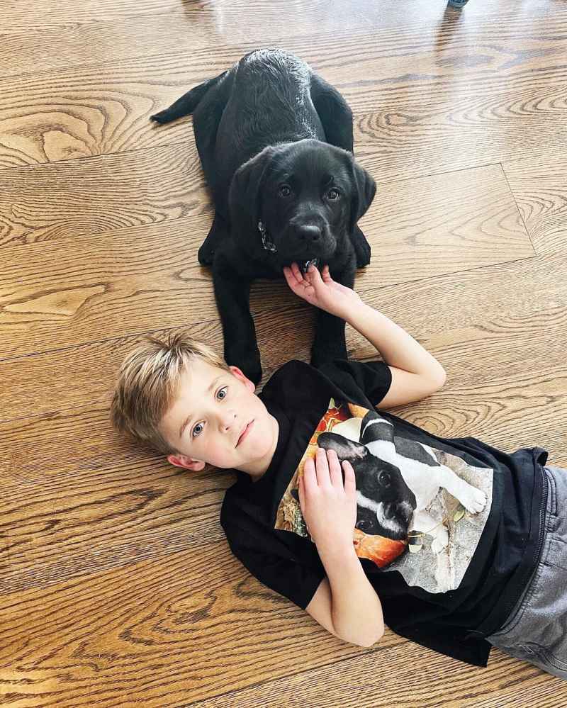 Reese Witherspoon Son Tennessee with Major the Lab Puppy and Wearing Minnie Pearl tshirt