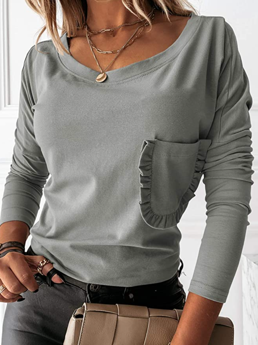 Vermisse Women's Boat Neck Ruffle Trim Front Pocket Shirt